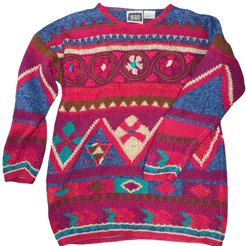 vintage 90s Sigrid Olsen abstract cotton hand knit sweater. Size small.